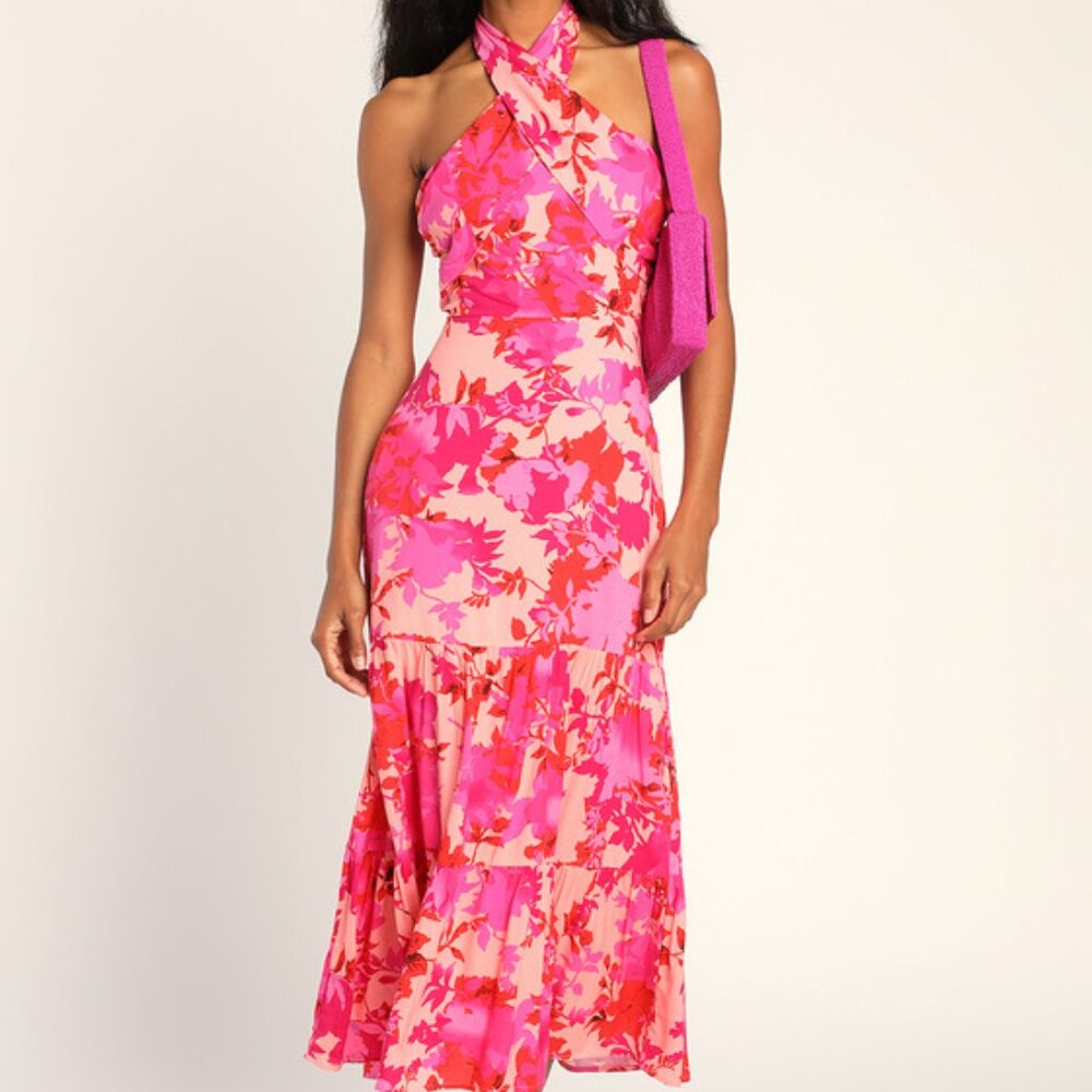 Lulus Always Eye-catching Hot Pink Floral Tiered Halter Midi Dress - Size S